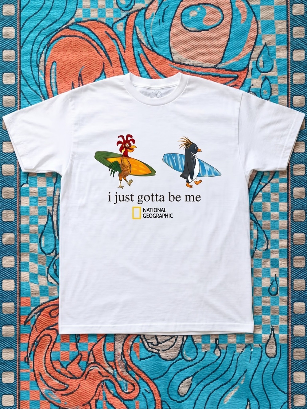 Surf's Up Surfing Penguin & Chicken Graphic Tee | Funny White Gildan T-Shirt
